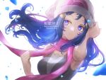  1girl bangs beanie blue_eyes blue_hair breasts closed_mouth commentary_request dawn_(pokemon) falling_petals floating_hair floating_scarf hand_up harumori_kou hat highres long_hair petals pink_scarf pokemon pokemon_(game) pokemon_bdsp scarf shirt sleeveless sleeveless_shirt smile solo twitter_username upper_body watermark white_background white_headwear 