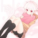  1girl absurdres bangs black_shorts black_socks closed_mouth highres long_sleeves looking_at_viewer lying on_back original pillow red_eyes short_hair shorts sidelocks socks solo white_hair yamane_akira 