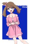  1girl :d alternate_costume bangs bare_shoulders blue_background border brown_hair character_name collarbone commentary_request dress eyelashes grey_eyes happy jewelry knees looking_at_viewer may_(pokemon) nail_polish nashirasauce necklace one_side_up open_mouth pink_dress pokemon pokemon_(game) pokemon_rse smile solo teeth tongue twitter_username upper_teeth_only white_border 
