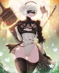  1girl black_blindfold blindfold breasts breasts_apart cleavage_cutout clothing_cutout covered_navel cowboy_shot facing_viewer hairband highres huge_weapon leotard lips makeup mcdobo medium_breasts medium_hair nier_(series) nier_automata pod_(nier_automata) smile solo thigh_gap thighhighs turtleneck two-tone_leotard walking weapon white_hair wide_hips yorha_no._2_type_b 