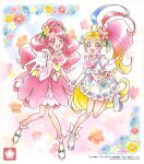  2girls ankle_bow blonde_hair bow choker cure_grace cure_summer earrings full_body gloves hair_strand hanadera_nodoka healin&#039;_good_precure highres holding_hands jewelry leaf_earrings long_hair magical_girl midriff multiple_girls natsuumi_manatsu official_art pink_choker pink_eyes pink_hair pink_sailor_collar precure sailor_collar side_ponytail smile third-party_source triangle_earrings tropical-rouge!_precure white_footwear white_gloves wide_ponytail 
