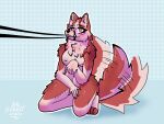  4:3 anthro artfox26 balto_(film) blue_background blush blush_lines breasts canid canine canis cheek_tuft domestic_dog facial_tuft female fluffy fluffy_tail fur generic_fur hair hi_res husky jenna_(balto) mammal muzzle_(object) neck_tuft nordic_sled_dog red_body red_fur red_hair simple_background solo spitz tail tail_motion tailwag thick_thighs tongue tongue_out tuft universal_studios white_body white_fur yellow_eyes 