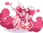  1girl :p absurdres animal_ears bangs blush bow cake_hair_ornament choker cure_whip earrings food food-themed_hair_ornament food-themed_ornament fork frills gloves hair_ornament heart highres jewelry kirakira_precure_a_la_mode long_hair macaron_hair_ornament magical_girl paw_shoes pink_bow pink_choker pink_footwear pink_gloves pink_hair pom_pom_(clothes) pom_pom_earrings precure puffy_short_sleeves puffy_sleeves rabbit_ears red_eyes short_sleeves smile solo strawberry_shortcake tongue tongue_out usami_ichika very_long_hair white_background zuzuko 