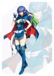  1girl absurdres alternate_costume alternate_eye_color alternate_hair_color armlet balasdan bangs blue_cape blue_dress blue_gloves blue_hair boots breasts cape cleavage colored_tips commission commissioner_upload cosplay cuffs dragon_girl dress fire_emblem fire_emblem_awakening garter_straps gem gloves green_eyes green_hair hair_between_eyes hair_ornament hair_ribbon hand_on_hip high_collar highres jewelry lips long_hair looking_at_viewer lucina_(fire_emblem) medium_breasts multicolored_hair non-web_source plunging_neckline pointy_ears ponytail red_gemstone ribbon sash side_slit simple_background smile solo thigh_boots thighhighs thighs tiara tiki_(adult)_(fire_emblem) tiki_(adult)_(fire_emblem)_(cosplay) tiki_(fire_emblem) two-tone_hair white_sash 