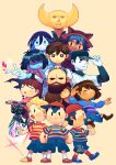  2girls 3others 6+boys :3 =_= absurdres androgynous animal_ears animal_hat armor bald bangs baseball_bat baseball_cap baseball_uniform beard bicycle black_eyes black_hair black_vest blonde_hair blue_footwear blue_hair blue_scarf blue_shorts blue_skin brad_armstrong braid brown_hair cat_ears cat_hat closed_eyes closed_mouth collared_shirt colored_inner_hair colored_sclera colored_skin crossover deltarune escaped_chasm facial_hair frisk_(undertale) glasses gloves ground_vehicle hair_over_eyes hat highres holding hylics kris_(deltarune) lisa_(series) lonely_girl_(escaped_chasm) long_beard long_hair long_sleeves looking_at_viewer lucas_(mother_3) madotsuki mother_(game) mother_1 mother_2 mother_3 multicolored_hair multiple_boys multiple_girls multiple_others ness_(mother_2) niko_(oneshot) ninten off_(game) omori oneshot_(game) open_mouth pink_sweater quiff red_footwear riding riding_bicycle round_eyewear scar scar_across_eye scarf shirt short_hair short_sleeves shorts simple_background slit_pupils smile sportswear striped striped_scarf striped_shirt striped_sweater sunny_(omori) supsross sweater sweater_vest the_batter_(off) trait_connection twin_braids twintails undertale vertical-striped_scarf vertical-striped_shirt vertical_stripes vest wayne_(hylics) white_shirt white_skin yellow_background yellow_eyes yellow_sclera yellow_skin yume_nikki 