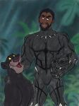  armor bagheera_(jungle_book) beard black_beard black_body black_eyebrows black_eyes black_fur black_hair black_panther_(character) black_panther_(marvel) black_pupils black_suit clothed clothing crossover dark_body dark_skin duo edtertainerd eye_contact eyebrows facial_hair fangs felid feral forest forest_background freckles friendly friends fur green_background hair hand_on_shoulder happy headgear helmet hi_res holding_object human jungle leaf looking_at_another looking_down looking_up male mammal multicolored_body multicolored_fur nature nature_background outside pantherine plant pupils purple_nose sharp_teeth short_hair shrub signature simple_background sitting smile standing suit teeth the_jungle_book thick_eyebrows tongue touching_shoulder tree whiskers white_body white_fur yellow_sclera 
