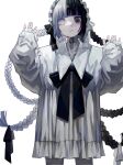  1girl bangs black_eyes black_hair black_ribbon blunt_bangs braid chin_strap closed_mouth collarbone collared_dress dot_nose dress expressionless feet_out_of_frame frilled_dress frilled_hairband frills hair_ribbon hairband hand_in_own_hair hands_up heterochromia highres long_hair long_sleeves looking_at_viewer looking_down low-cut multicolored_hair neck_ribbon ninomae_(nnme_618) original oversized_clothes puffy_long_sleeves puffy_sleeves ribbon ringed_eyes short_dress simple_background solo split-color_hair standing twin_braids two-tone_hair very_long_hair white_background white_dress white_eyes white_hair white_ribbon wide-eyed 