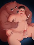  2023 anthro balls bear belly big_belly blush bodily_fluids brown_body cum duo ejaculation erection genital_fluids genitals hi_res human human_on_anthro interspecies kemono kick_(artist) male male/male mammal moobs navel nipples overweight overweight_male penis 