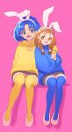  2girls animal_ears arisugawa_himari bangs blue_eyes blue_hair blue_sweater blue_thighhighs braid brown_eyes brown_hair commentary_request fake_animal_ears highres hikimayu hood hoodie jj_(ssspulse) kirakira_precure_a_la_mode long_hair multiple_girls parted_bangs pink_background precure rabbit_ears short_bangs sitting sweater tategami_aoi thighhighs twin_braids yellow_hoodie yellow_thighhighs 