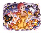  1girl animal_ears brown_eyes cake cake_slice doughnut dress food fork ghost halloween halloween_costume hat holding holding_fork holding_plate jack-o&#039;-lantern long_hair looking_at_viewer official_art one_piece one_piece_treasure_cruise orange_dress pink_hair plate ponytail rebecca_(one_piece) tongue tongue_out witch_hat 