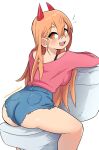  1girl arched_back ass bangs blue_shorts blush bra_strap breast_press breasts chainsaw_man commentary cutoffs dashi from_behind hair_between_eyes high-waist_shorts highres horns large_breasts long_hair long_sleeves looking_at_viewer looking_back naughty_face on_toilet open_mouth patreon_username pink_shirt power_(chainsaw_man) raised_eyebrows sharp_teeth shirt shirt_tucked_in short_shorts shorts sitting smile solo symbol-only_commentary symbol-shaped_pupils teeth thighs toilet underbutt upper_teeth_only very_long_hair watermark web_address 
