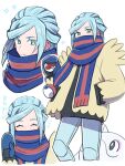  1boy ^_^ apo_518 blue_hair blue_pants cetoddle closed_eyes closed_mouth colored_eyelashes covered_mouth cropped_legs grusha_(pokemon) hand_in_pocket highres holding holding_poke_ball jacket light_blue_hair long_hair male_focus mittens multicolored_eyes open_clothes open_jacket pants pocket poke_ball poke_ball_(basic) pokemon pokemon_(creature) pokemon_(game) pokemon_sv scarf simple_background sparkle split_mouth white_background yellow_eyes yellow_jacket 