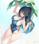  1girl :d absurdres black_hair blue_one-piece_swimsuit breasts cleavage clothing_cutout commission curvy denim_swimsuit from_above groin hair_flaps highleg highleg_swimsuit highres kiyama_satoshi large_breasts leaf_umbrella light_blush long_hair looking_at_viewer narrow_waist navel_cutout one-piece_swimsuit open_mouth original ponytail refraction side-tie_swimsuit sideboob sideless_outfit signature skeb_commission smile solo standing swimsuit thick_thighs thighs very_long_hair wading wide_hips yellow_eyes 