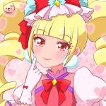  1girl aisaki_emiru bangs blonde_hair blunt_bangs blush bow commentary_request cure_macherie drill_hair earrings finger_to_cheek gloves heart hugtto!_precure jewelry lipstick long_hair magical_girl makeup moro_precure pom_pom_(clothes) pom_pom_earrings precure puffy_short_sleeves puffy_sleeves red_bow red_eyes short_sleeves smile solo twin_drills white_gloves 