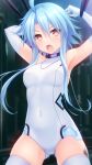  1girl armpits bare_shoulders blue_hair blush breasts collar covered_navel elbow_gloves gloves hair_between_eyes highres irori_(irorixc) leotard light_blue_hair looking_at_viewer neptune_(series) open_mouth power_symbol red_eyes short_hair_with_long_locks skindentation small_breasts solo symbol-shaped_pupils thighhighs white_gloves white_heart white_leotard white_thighhighs 