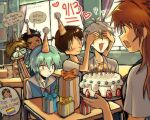  3girls 4boys aida_kensuke angry annoyed ayanami_rei blue_eyes blue_hair brown_hair cake candle food gift glasses grin hair_between_eyes hand_over_eye happy highres horaki_hikari ikari_shinji multiple_boys multiple_girls nagisa_kaworu neon_genesis_evangelion school sitting smile souryuu_asuka_langley speech_bubble standing suzuhara_touji talking track_suit twintails yaoi 