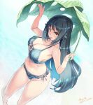  1girl :d absurdres bikini black_hair blue_bikini breasts cleavage commission curvy denim_bikini from_above front-tie_bikini_top front-tie_top groin hair_flaps halterneck highleg highleg_bikini highres kiyama_satoshi large_breasts leaf_umbrella light_blush long_hair looking_at_viewer narrow_waist open_mouth original refraction side-tie_bikini_bottom sideboob sideless_outfit signature skeb_commission smile solo standing stomach swimsuit thick_thighs thighs very_long_hair wading wide_hips yellow_eyes 