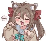  1girl :3 :d ^_^ ahoge animal_ear_fluff animal_ears blouse blush bow bowtie brown_cardigan brown_hair cardigan cat_ears chinese_commentary closed_eyes commentary english_commentary green_bow green_bowtie grey_sailor_collar hair_between_eyes hair_bow hands_up indie_virtual_youtuber long_hair long_sleeves mixed-language_commentary neuro-sama nyan open_mouth paw_pose red_bow rune_(dualhart) sailor_collar school_uniform serafuku shirt skirt smile speech_bubble transparent_background two_side_up virtual_youtuber 