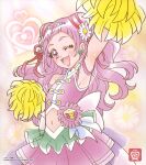  1girl clover_earrings cone_hair_bun cure_yell hair_bun hair_ornament hair_ribbon heart heart_hair_ornament heart_pouch highres hugtto!_precure long_hair magical_girl midriff nono_hana official_art one_eye_closed open_mouth pink_eyes pink_hair pink_skirt pom_pom_(cheerleading) precure ribbon short_bangs skirt smile solo thick_eyebrows thick_eyelashes third-party_source 