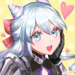  1boy androgynous arm_guards armor bangs black_gloves blue_eyes blue_hair bow eyelashes fire_emblem fire_emblem_engage gloves hair_between_eyes hair_bow half_updo hand_on_own_face hand_up heart highres light_blue_hair long_hair looking_at_viewer male_focus multicolored_eyes multicolored_hair pink_bow pink_eyes pink_lips polka_dot polka_dot_background rosado_(fire_emblem) solo teeth twitter_username two-tone_hair upper_body upper_teeth_only yellow_background youhei_choregi 