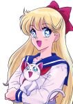  1girl :d absurdres aino_minako animal artemis_(sailor_moon) bangs bishoujo_senshi_sailor_moon blonde_hair blue_eyes blue_sailor_collar bow cat commentary_request crescent crescent_facial_mark dj_jdite earrings facial_mark forehead_mark hair_bow happy highres holding holding_animal holding_cat jewelry long_hair long_sleeves looking_at_viewer open_mouth red_bow ribbon sailor_collar school_uniform serafuku shiba_koen_middle_school_uniform shirt simple_background smile upper_body white_background white_cat white_shirt 