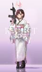  1girl 2023 absurdres animal_ears assault_rifle boots brown_hair chinese_zodiac choker earrings enpera_(jdud8375) fake_animal_ears full_body gun happy_new_year high_heel_boots high_heels highres holding holding_gun holding_weapon japanese_clothes jewelry kimono original pink_background rifle short_hair solo trigger_discipline weapon weapon_request year_of_the_rabbit 