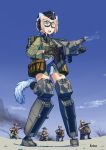  1girl 4boys animal_ears artist_name belt_pouch black_gloves blonde_hair blue_sky braid braided_bun day desert erica_(naze1940) full_body garrison_cap gloves goggles green_eyes green_jacket gun hair_bun hat headset hilma_prion jacket land_striker long_sleeves multiple_boys no_pants open_mouth outdoors panties pouch rifle short_hair sky smoke smoking_gun solo_focus standing strike_witches_(lionheart_witch) submachine_gun tail teeth underwear upper_teeth_only weapon white_panties world_witches_series 