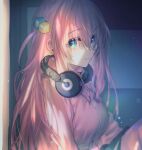  bangs blue_eyes bocchi_the_rock! breasts cube_hair_ornament gotou_hitori hair_between_eyes hair_ornament hair_over_eyes headphones headphones_around_neck here_(hr_rz_ggg) highres jacket large_breasts long_hair looking_to_the_side one_side_up pink_hair pink_jacket track_jacket 