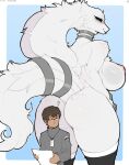  &lt;3 anthro areola blue_eyes blush breasts butt claweddrip clothed clothing duo female fur generation_5_pokemon hi_res human larger_female legendary_pokemon looking_back male mammal nintendo nipples nude pokemon pokemon_(species) question_mark reshiram size_difference smaller_male smile tongue tongue_out white_body white_fur 