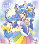  1girl animal_ears bangs black_choker blue_gloves blue_hair blush braid cat_ears cat_tail choker cure_cosmo fur-trimmed_gloves fur_trim gloves hat highres long_hair magical_girl mini_hat mini_top_hat multicolored_hair official_art open_mouth orange_eyes precure rainbow_skirt smile solo star_twinkle_precure streaked_hair tail tail_ornament tail_ring third-party_source top_hat twin_braids yuni_(precure) 