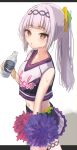  1girl absurdres arm_at_side bangs bottle cheerleader commentary_request drink from_above hair_ornament highres holding holding_bottle hololive looking_at_viewer looking_up midriff murasaki_shion navel parted_lips pink_hair pocari_sweat pom_pom_(cheerleading) ponytail sidelocks simple_background sleeveless stoppettanhate sweat uniform virtual_youtuber walking water_bottle white_background yellow_eyes 