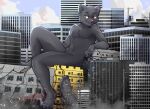  2023 4_toes anthro black_body black_fur building casual_exposure city_destruction cloud debris destruction digital_media_(artwork) domestic_cat feet felid feline felis fur hi_res lidded_eyes male mammal sitting sky skyscraper smile solo toes villmix 