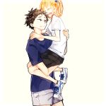  1girl :d akaashi_keiji black_skirt blonde_hair blue_shirt brown_eyes brown_hair carrying closed_eyes grey_shorts haikyuu!! hair_ornament hetero looking_at_another rikorian_(zkzk_sankaku) shirt shoes short_hair short_sleeves shorts side_ponytail skirt smile sneakers star_(symbol) star_hair_ornament t-shirt white_footwear white_shirt yachi_hitoka 