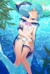  2boys back-to-back bare_shoulders blue_hair blush bulge commission crossdressing highres innertube looking_at_viewer lying lying_on_person male_focus mermaid monster_girl mubo multicolored_hair multiple_boys on_back original otoko_no_ko pixiv_commission short_hair smile solo swimsuit tail wet yellow_eyes 