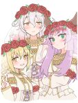  3girls apo_518 aqua_eyes aqua_pupils bangs blonde_hair braid bridal_veil brown_horns closed_mouth dragon_girl dragon_horns dress elsje_(rune_factory) eyelashes gradient_hair green_hair grey_hair hair_between_eyes hand_up head_wreath highres horns jewelry juliet_sleeves leaf light_purple_hair livia_(rune_factory) long_sleeves multicolored_hair multiple_girls multiple_horns multiple_necklaces necklace orange_eyes orange_pupils pink_hair puffy_sleeves purple_ribbon radea_(rune_factory) red_hair ribbon rune_factory rune_factory_5 see-through simple_background smile twin_braids two-tone_hair v veil wedding_dress white_background white_dress yellow_eyes 