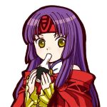  1girl bangs coat eating fire_emblem fire_emblem:_radiant_dawn food headband long_hair long_sleeves looking_at_viewer lowres mochi outline parted_bangs purple_hair red_coat red_headband sanaki_kirsch_altina solo upper_body white_background ydknhsvs yellow_eyes 