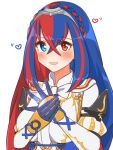  1girl :d alear_(female)_(fire_emblem) alear_(fire_emblem) bangs blue_eyes blue_gloves blue_hair bow bowtie braid breasts crossed_bangs crown_braid fire_emblem fire_emblem_engage gloves hair_between_eyes hands_up heart heterochromia highres ikonaska jewelry large_breasts multicolored_hair open_mouth own_hands_together red_eyes red_hair ring simple_background smile solo split-color_hair tiara two-tone_hair upper_body white_background white_bow white_bowtie 