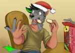  2021 5_fingers anthro baggy_clothing black_claws black_ears black_hair black_nose blue_bottomwear blue_clothing blue_pants bottomwear box brown_eyes canid canine canis chair cheek_tuft christmas christmas_clothing christmas_headwear claws clothed clothing container cookie crumbs eating elbow_on_table facial_tuft fangs fingernails fingers fluffy food fur furniture gradient_background green_clothing green_inner_ear green_inner_ear_fluff green_shirt green_tail_tip green_topwear grey_body grey_fur grey_tail growth hair hat headgear headwear hi_res holding_food holding_object holidays human humanoid_pointy_ears inner_ear_fluff legwear looking_at_hand male mammal mid_transformation nails neck_tuft open_mouth pants raised_arm santa_hat shadow shirt simple_background sitting solo species_transformation stickmanwww surprise surprised_expression table tail_growth tan_body tan_skin teeth teeth_showing text topwear transformation transformation_through_food tuft wide_eyed wolf 