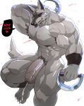  2023 abs absurd_res anthro ashendawger bodily_fluids canid canine canis claws death_(puss_in_boots) dreamworks fur genital_fluids genitals grey_body grey_fur hi_res looking_at_viewer male mammal melee_weapon muscular muscular_male nipples nude pecs penis polearm precum puss_in_boots_the_last_wish red_eyes scythe simple_background vein veiny_penis weapon white_background wolf 