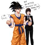  1boy 1girl absurdres artist_name bangs biceps black_hair black_jacket black_necktie black_pants chainsaw_man clenched_hands collarbone collared_shirt crying crying_with_eyes_open dougi dragon_ball dragon_ball_z formal frown hair_ornament hairclip higashiyama_kobeni highres jacket looking_at_viewer looking_to_the_side medium_hair necktie pants pastepiphany pectoral_cleavage pectorals shirt shirt_tucked_in short_hair short_ponytail simple_background single_sidelock son_goku spiked_hair suit suit_jacket swept_bangs tears white_background white_shirt wristband 