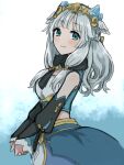  1girl apo_518 bangs bare_shoulders beatrice_(rune_factory) blue_eyes blush braid breasts closed_mouth crystal detached_sleeves french_braid fur_collar grey_hair highres long_hair looking_at_viewer medium_breasts rune_factory rune_factory_5 smile solo tiara 