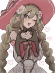  1girl ;3 ;d apo_518 black_gloves bow braid detached_collar detached_sleeves dress eyes_visible_through_hair flower gloves hair_flower hair_ornament hands_up hat hat_bow heart heart-shaped_pupils heart_hands highres leaf light_brown_hair long_hair long_sleeves ludmila_(rune_factory) one_eye_closed pink_flower pointy_ears purple_eyes rune_factory rune_factory_5 simple_background smile solo striped striped_bow striped_headwear striped_sleeves symbol-shaped_pupils twin_braids white_background 