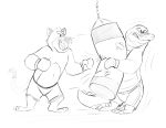  alligator alligatorid anthro biped bottomwear boxing_gloves boxing_shorts brok_(character) brok_the_investigator clothing crocodilian domestic_cat duo felid feline felis graff_filsh handwear hi_res mammal monochrome punching_bag reptile scalie scruffydraws shorts simple_background 