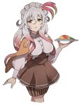  1girl apo_518 apron bangs breasts brown_apron buttons cape closed_mouth collared_shirt elsje_(rune_factory) food gradient_hair grey_hair hair_between_eyes hand_up highres holding holding_plate ketchup large_breasts long_hair long_sleeves maid_headdress multicolored_hair omelet orange_cape pink_hair plate rune_factory rune_factory_5 shirt simple_background single_horizontal_stripe skirt smile solo striped striped_skirt two-tone_hair underbust vertical-striped_skirt vertical_stripes waist_apron wavy_hair white_background white_shirt yellow_eyes 