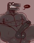  abs alphabet_(mike_salcedo) anthro balls black_body black_skin blush bodily_fluids cataxdrk2020 clenched_teeth erection f_(mike_salcedo) genitals glans half-closed_eyes hi_res looking_away male muscular narrowed_eyes nipples pecs penis reptile scalie simple_background solo speech_bubble spread_legs spreading sweat sweatdrop teeth watermark 