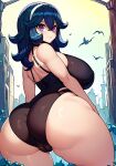  1girl absurdres ai-generated arched_back ass back bangs bare_shoulders black_eyes black_hair breasts cameltoe closed_mouth crossed_bangs hairband hex_maniac_(pokemon) highres large_breasts long_hair looking_at_viewer looking_back oatmealdood pokemon purple_eyes shiny_hair shoulder_blades skindentation thick_thighs thighs white_hairband 
