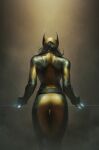  1girl ass belt black_belt black_hair blue_bodysuit bodysuit brown_background claws commentary cowboy_shot facing_away glint hands_up head_down highres jee-hyung_lee laura_kinney long_hair marvel mask multicolored_clothes official_art smoke solo standing thigh_gap two-tone_bodysuit wolverine x-23 x-men yellow_bodysuit 