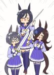  3girls ^_^ animal_ears ashitaba_tomorou bangs black-framed_eyewear black_hair blue_flower blue_headwear blue_rose bob_cut bow bowtie braid brown_hair closed_eyes crown_braid dagger ear_scrunchie eishin_flash_(umamusume) flower frilled_skirt frills glasses hair_over_one_eye hat hat_flower holding holding_sword holding_weapon horse_ears horse_girl horse_tail horseshoe_ornament knife long_hair long_sleeves multiple_girls pleated_skirt purple_serafuku purple_shirt purple_thighhighs rapier rice_shower_(umamusume) rose sailor_collar sailor_shirt school_uniform scrunchie serafuku shirt short_hair skirt swept_bangs sword tail thighhighs tilted_headwear tracen_school_uniform umamusume weapon weapon_connection white_bow white_bowtie white_scrunchie zenno_rob_roy_(umamusume) 