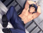  1boy abs bara bed black_hair blue_pants bound bound_wrists cuffs handcuffs hat hinahara_hajime male_focus muscular muscular_male navel nipples on_bed open_mouth original pants police police_hat police_uniform policeman restrained short_hair solo topless_male uniform 