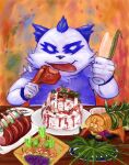  2017 abstract_background anthro armor bear bemani birthday birthday_cake blue_body blue_fur cake chest_tuft clothing container dessert food fur furniture giant_panda glass glass_container holding_object konami male mammal meat meat_on_bone nareo no_pupils pandeth_(pop&#039;n_music) pauldron pop&#039;n_music shirt solo table tongue tongue_out topwear tuft white_body white_eyes white_fur 